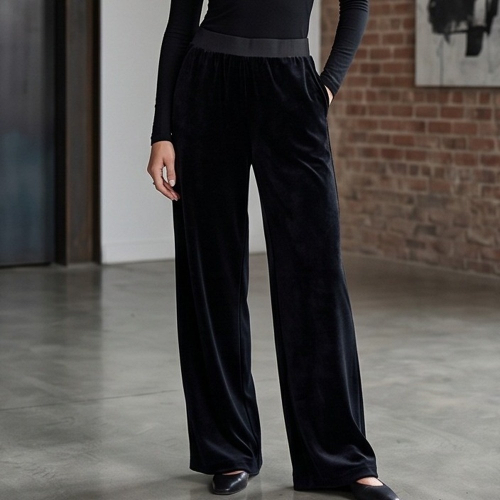 True Religion Womens Black Velour‎ Wide Leg Lounge Pants Large NWOT